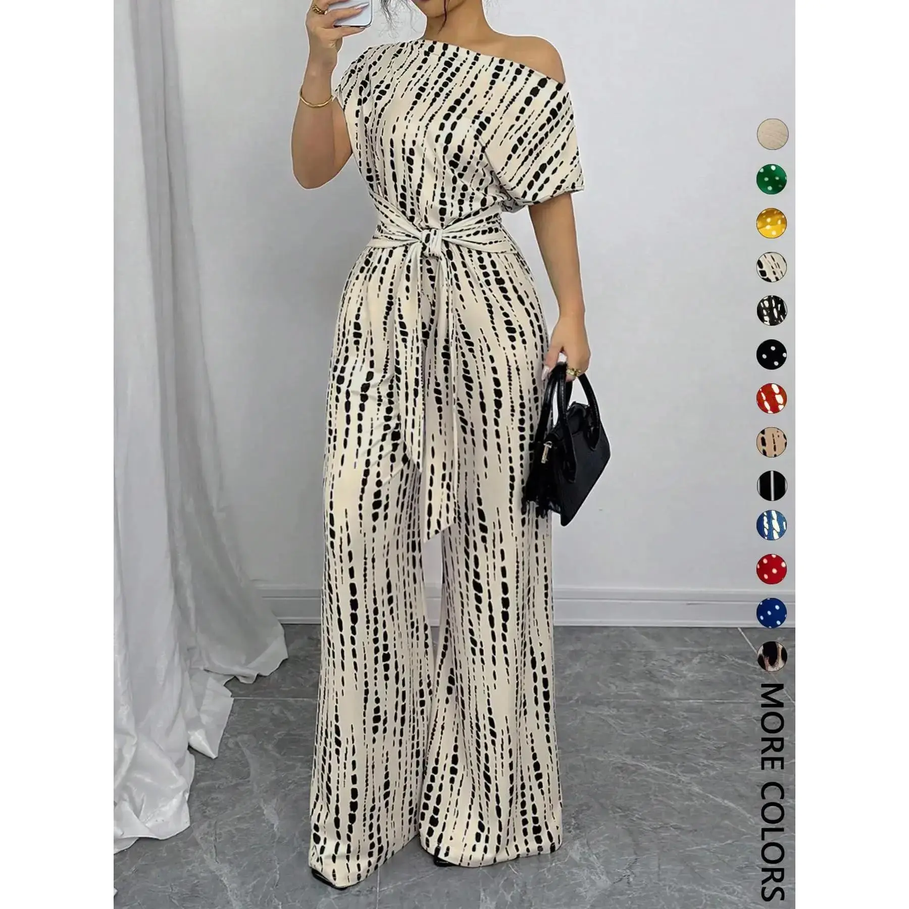 Women's Baggy Leopard Print Overalls with an Asymmetric Neckline, Batwing Sleeves, and Casual Tie Front, Easy Care Cold Wash, Asymmetry, Loose Fitting, Multicolor