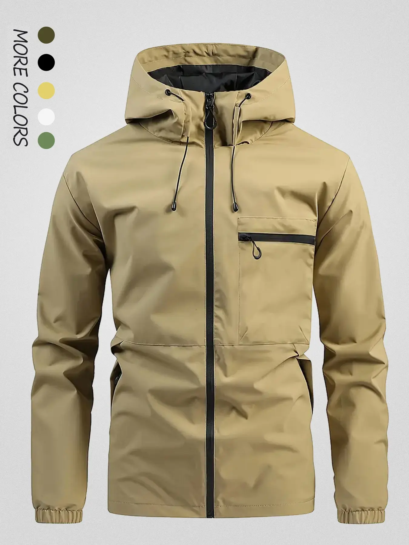 Men's Fall Solid Color Hooded Zip-Up Jacket, Adjustable Drawstring, Outdoor Hard Shell, Breathable Casual Coat for Hiking Camping