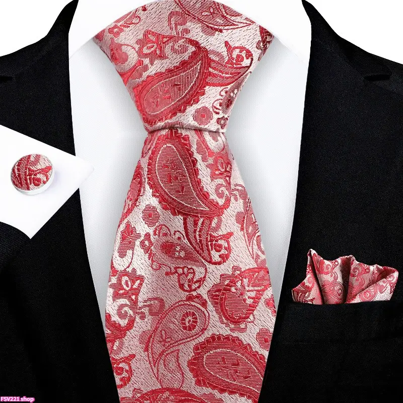 3-Piece Paisley Necktie Set, Men's Jacquard Woven Pink Tie with Matching Pocket Square & Cufflinks, Formal Suit Accessory