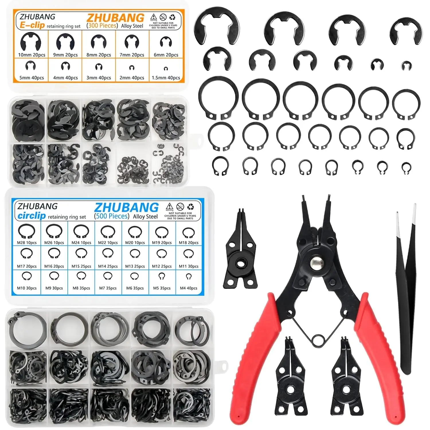 800Pcs C-clip External Retaining Rings Snap Rings Assortment Kit, Alloy Steel Circlip (M4-M28), E-clip Assortment Set (1.5mm-10mm) with 5Pcs Snap Ring Plier and Tweezer