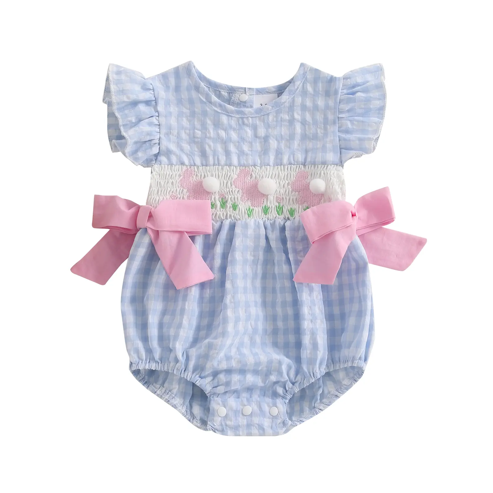 Baby Girls Rompers Easter Clothes Rabbit Embroidery Plaid Fly Sleeve Summer Bodysuits Jumpsuits Plaid Bubble Romper Shamrock Embroidery Irish Day Spring Clothes
