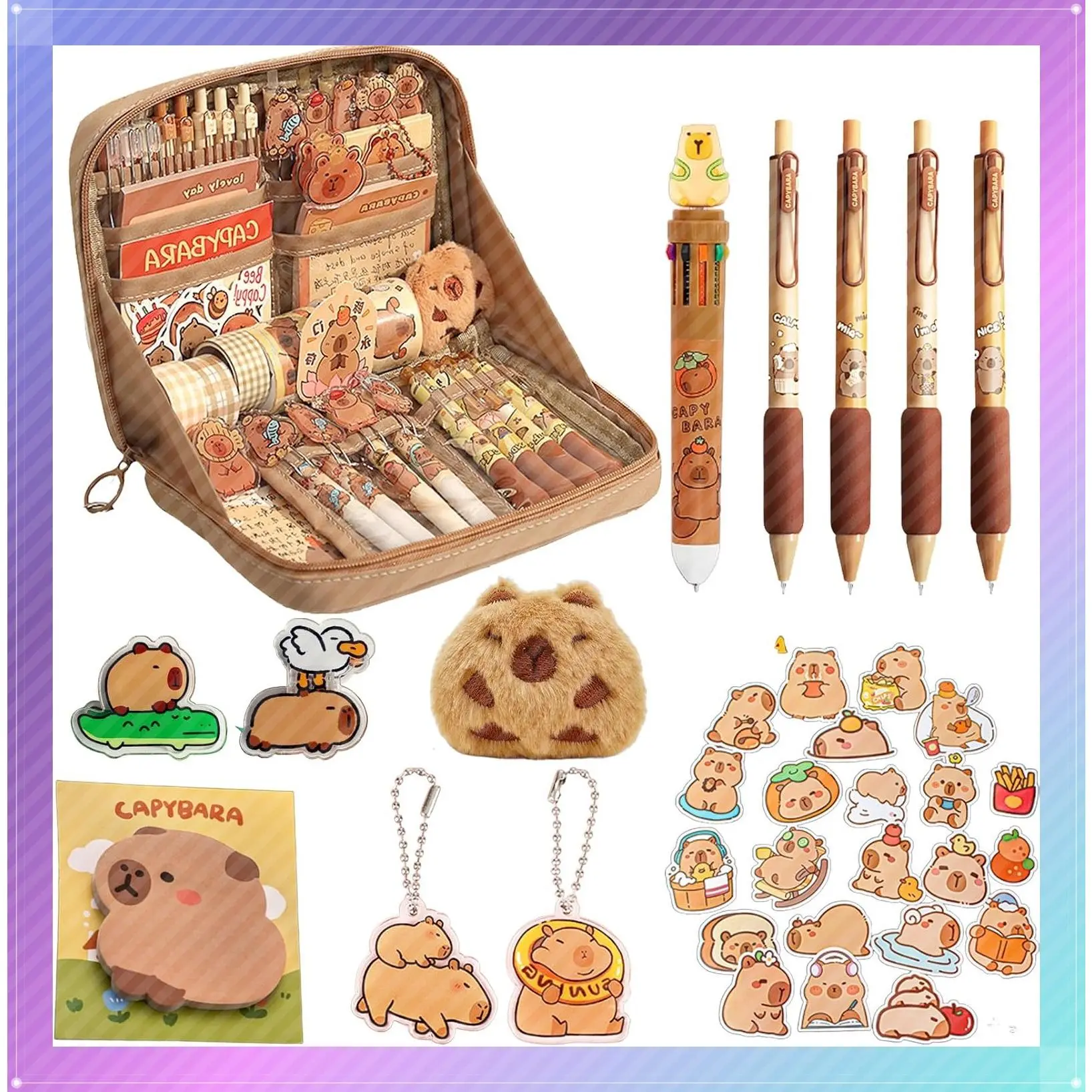 Cute Capybara 10-Compartment Pencil Case Gift Set with Holder, Ballpoint Pen, Keychain, Stickers, Brooch, and ClipsGift