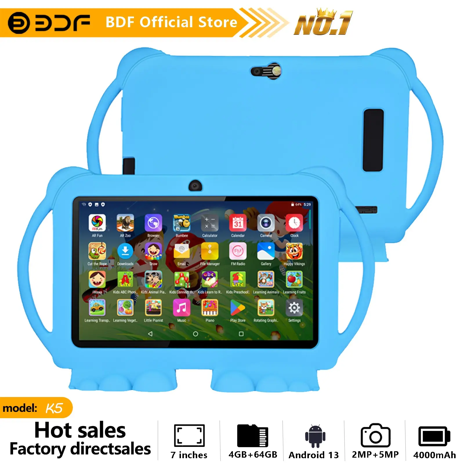 Bdf 7-Inch Android 13 Tablet with Educational Software, USB Charging, Quad-Core Processor, 4GB RAM, HD IPS Display, 64GB Storage, 4000mah Battery