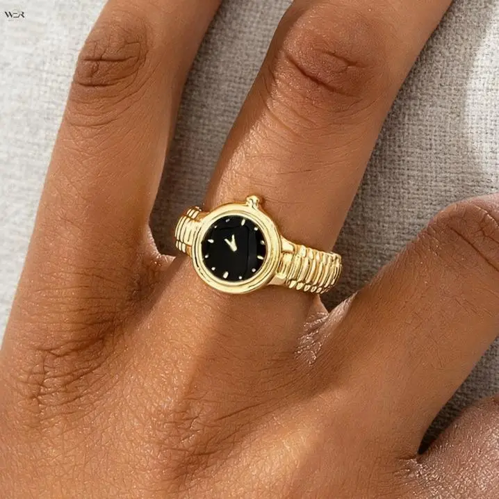 Women's Vintage Round Gold Band Stackable Rings - 6-Color Enamel Watch Face, Retro Mini Fashion Costume Jewelry Gift