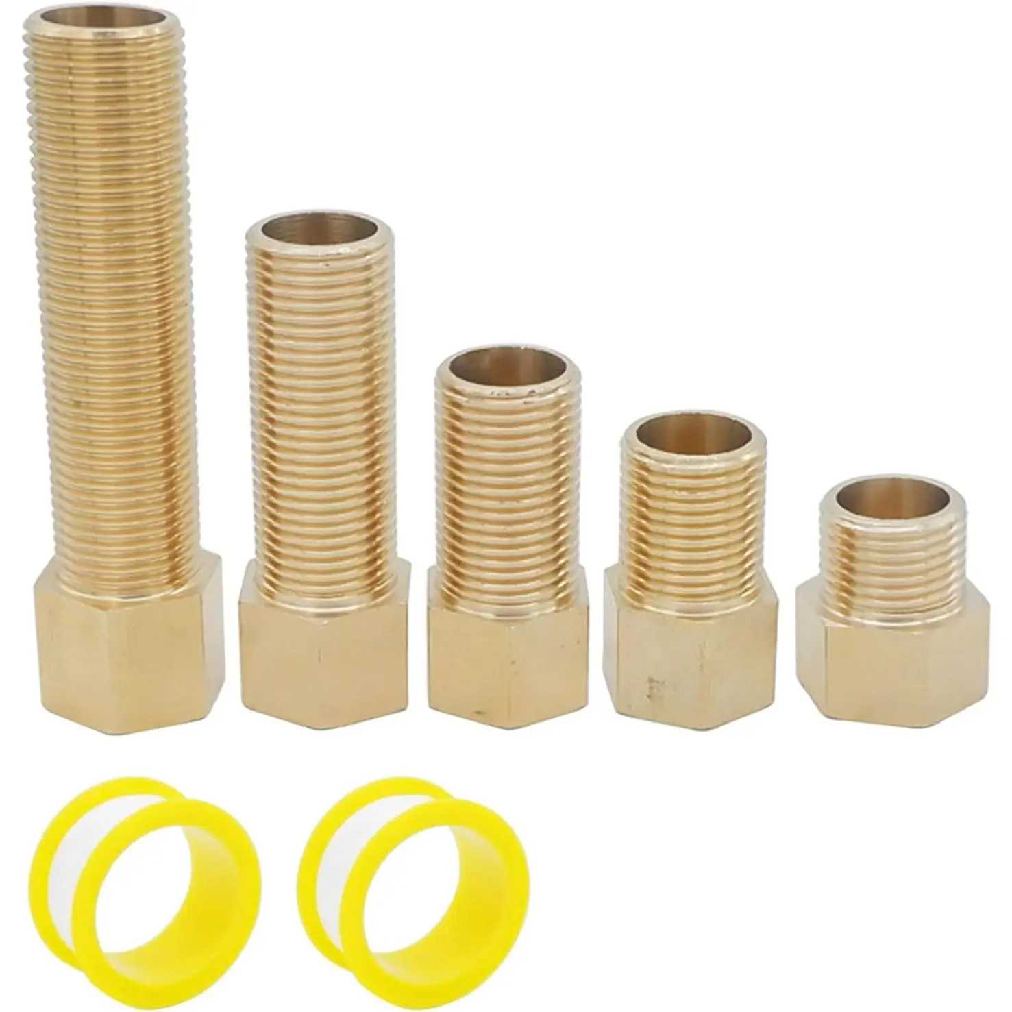 5 count Extension Brass Pipe Fitting, 1/2" Female to 1/2" Male Pipe Hex Bushing Adapter Converter Adapter with Sealing Tape, 30 mm/40 mm/50 mm/70 mm/100 mm