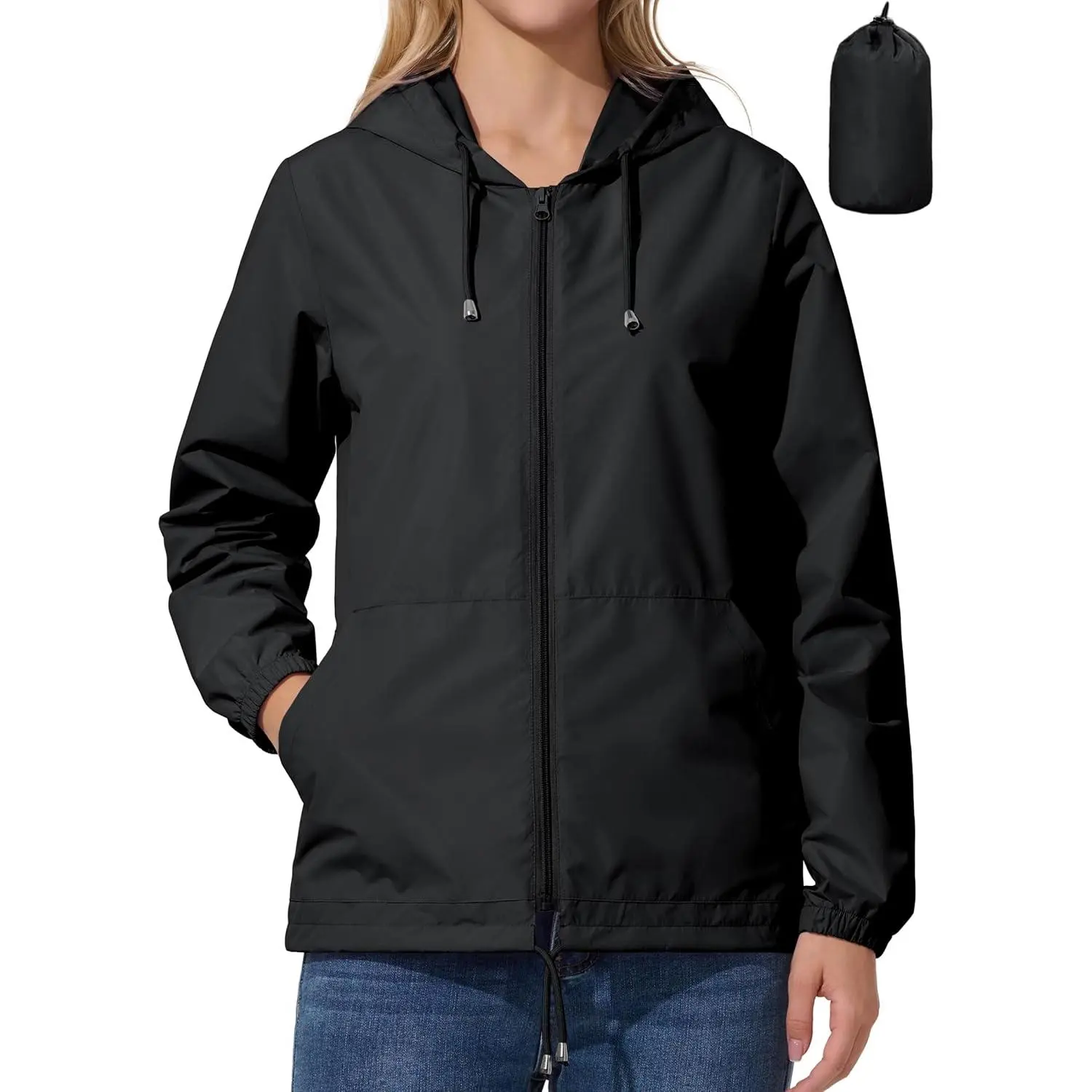 Women's Lightweight Waterproof Abrasion-Resistant Outdoor Coat Tops - Adjustable Hood, Elastic Cuffs, 3XL Packable Fit Fabric Windbreaker for Golf, Hiking