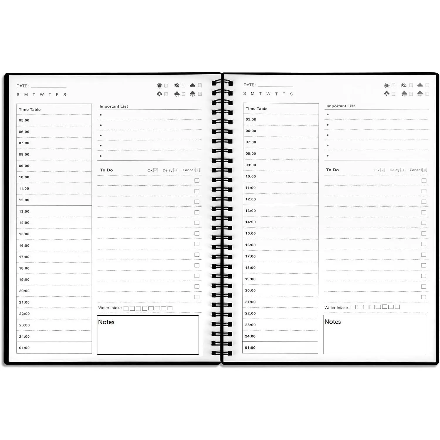 Daily Planner Undated,  Notebook with Hourly Schedule, Time Management Manual and Planner, Personal Organizers, 5.2"x7.5", 75 Sheets/150 Pages, Black