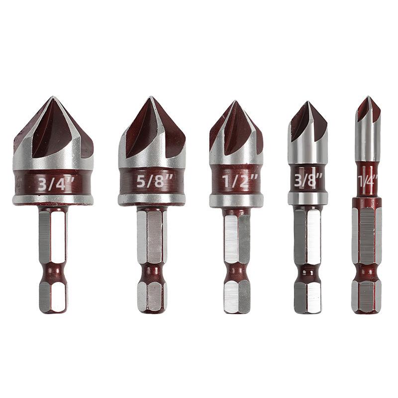 5-Piece Countersink Drill Set, Hex Shank Five-Flute Chamfering Tool, Hard Alloy, Titanium Coated, for Metal Wood Composite Material