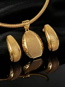 2PCS 18K Gold Tone Plated Jewelry Set, Full Micro Pave Cubic Zirconia Oval Pendant Necklace & U-Shape Hoop Earrings, Greek Key Pattern Border, Hypoallergenic Tarnish Free, Luxury Bridal Wedding Party Gift Jewelry For Women