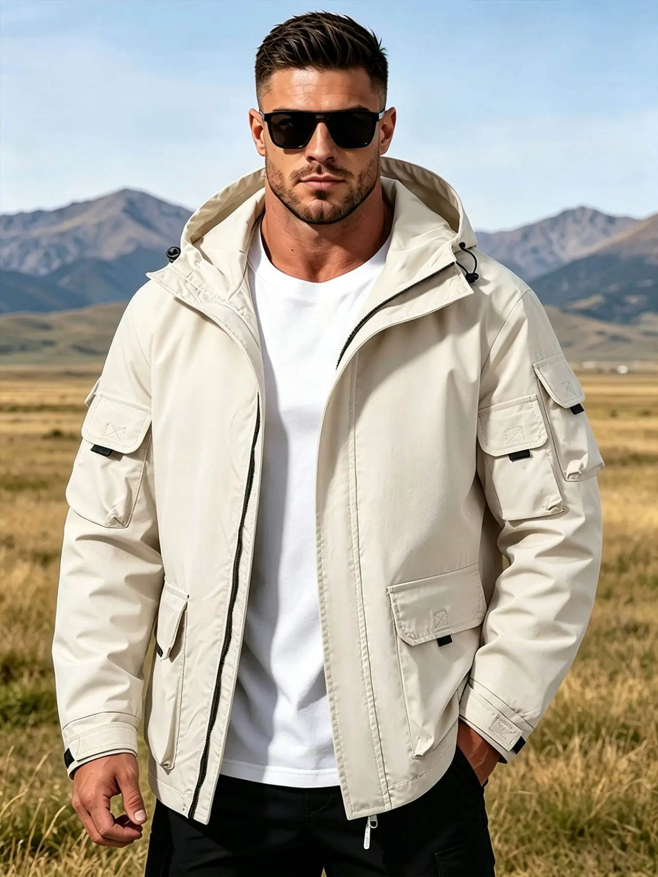 Men's Plus Size Sporty Jacket, Multi-Pocket Design, Adjustable Velcro Sleeves, Trendy Casual Outerwear, Sizes 2xl-7xl, Fall & Winter