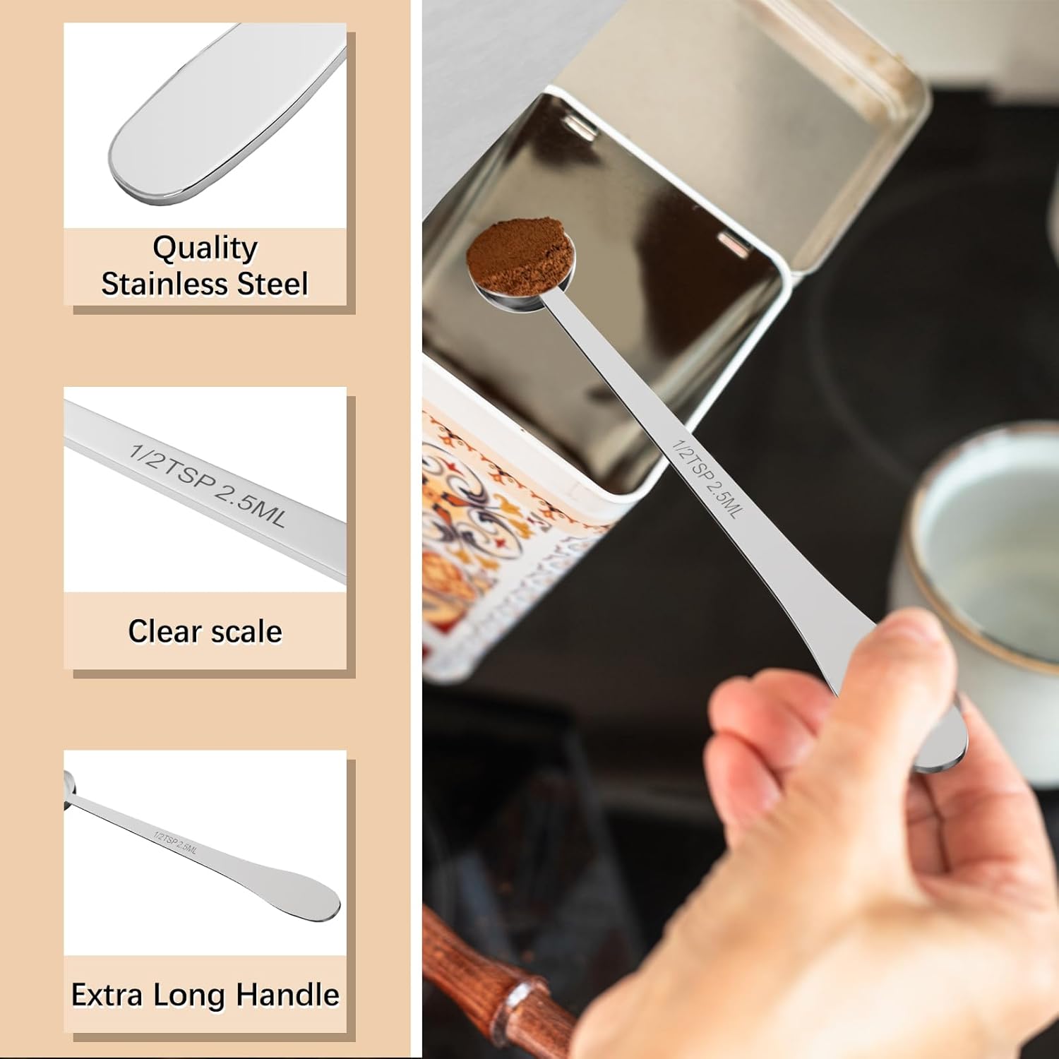 1 count 1/2 Teaspoon(1/2tsp, 1/6tbsp, 2.5 ml) Single Measuring Spoon, Extra-long Handle Individual Measure Scoop, Stainless Steel Spoons Only