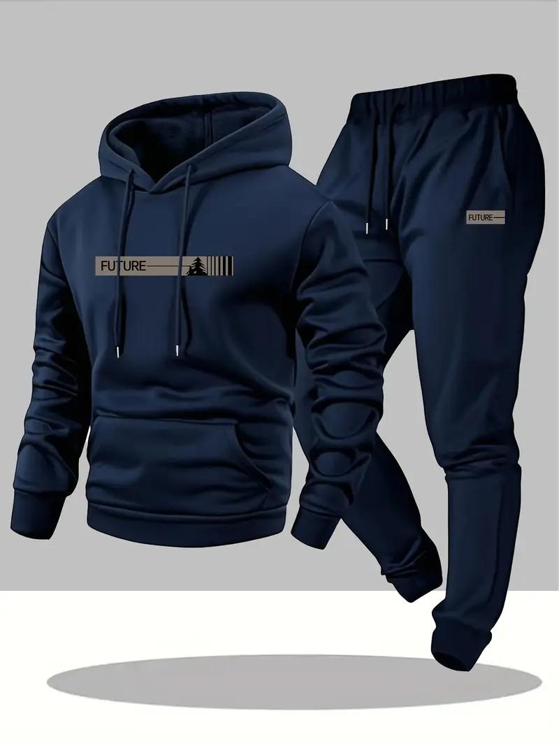 Men's two-piece set, casual round neck long sleeved hooded sweatshirt and sweatpants set, suitable for winter and autumn, sportswear set, hooded sweatshirt, sweatshirt, sweatpants