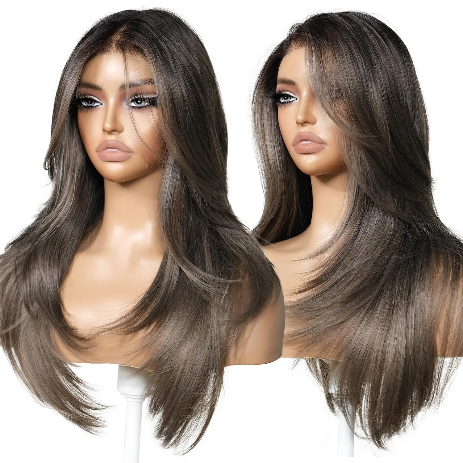 Blonde  Lace Frontal Ombre Wig 13x6 Pre Plucked Pre Cut Synthetic Glueless Wig with Bangs Wear and Go Straight Layered Wigs 24 Inch Chic Girl  Have