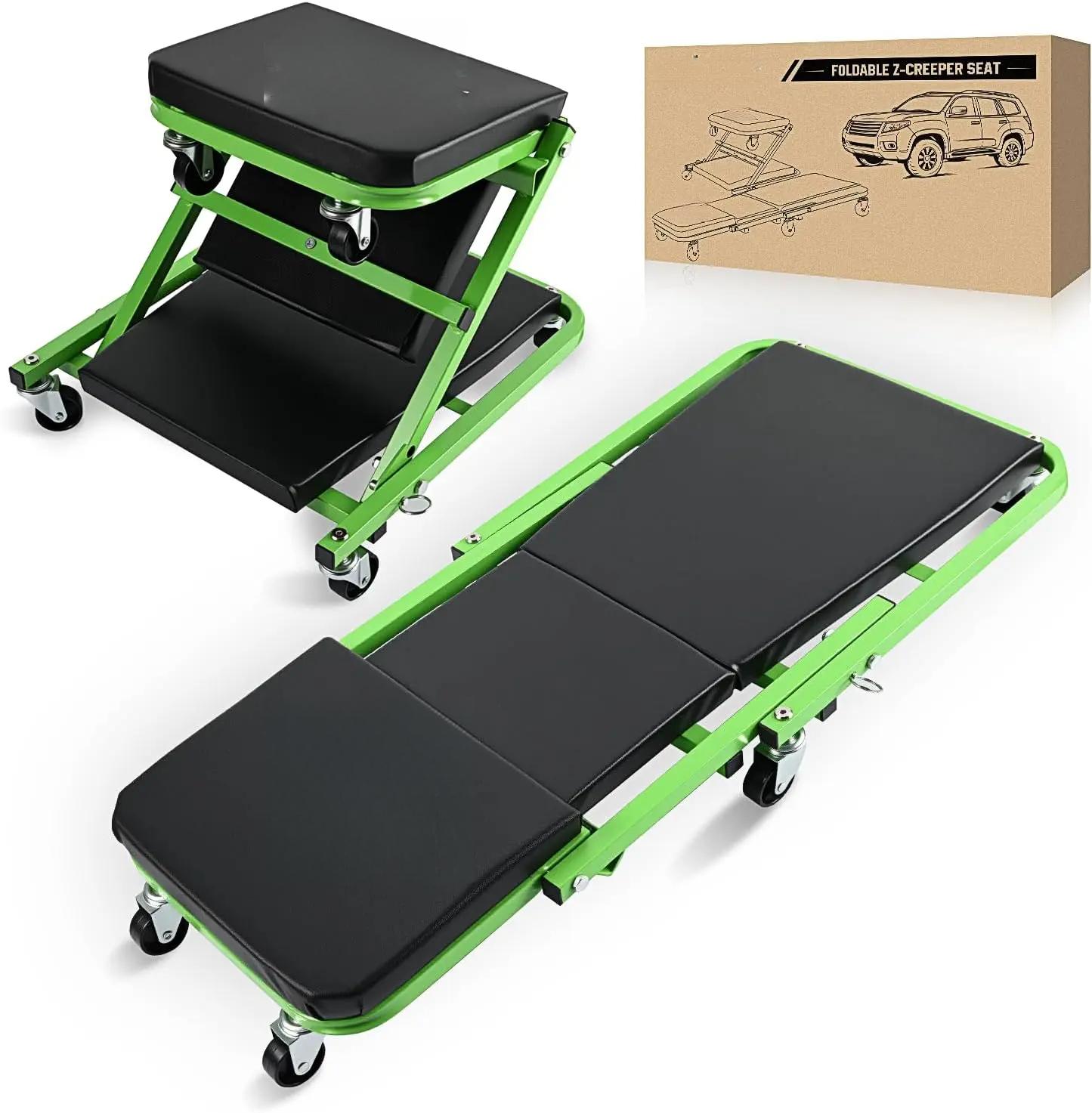 36"  - 2-in-1 Rolling Folding Car Seat, 36 inches Adjustable Roller Garage Chair Lay Down or Sit, 330LBS Capacity, Green Black