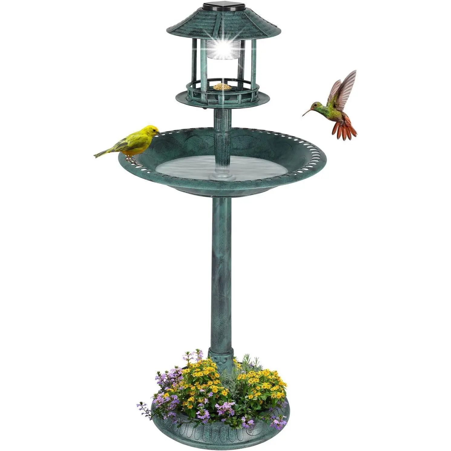 Outvita Outdoor Bird Bath, Garden Bird Baths Decorations with Solar-Powered Lamp and Resin Pedestal Flower Planter Base Bird Feeder for Yard Patio Summervibes