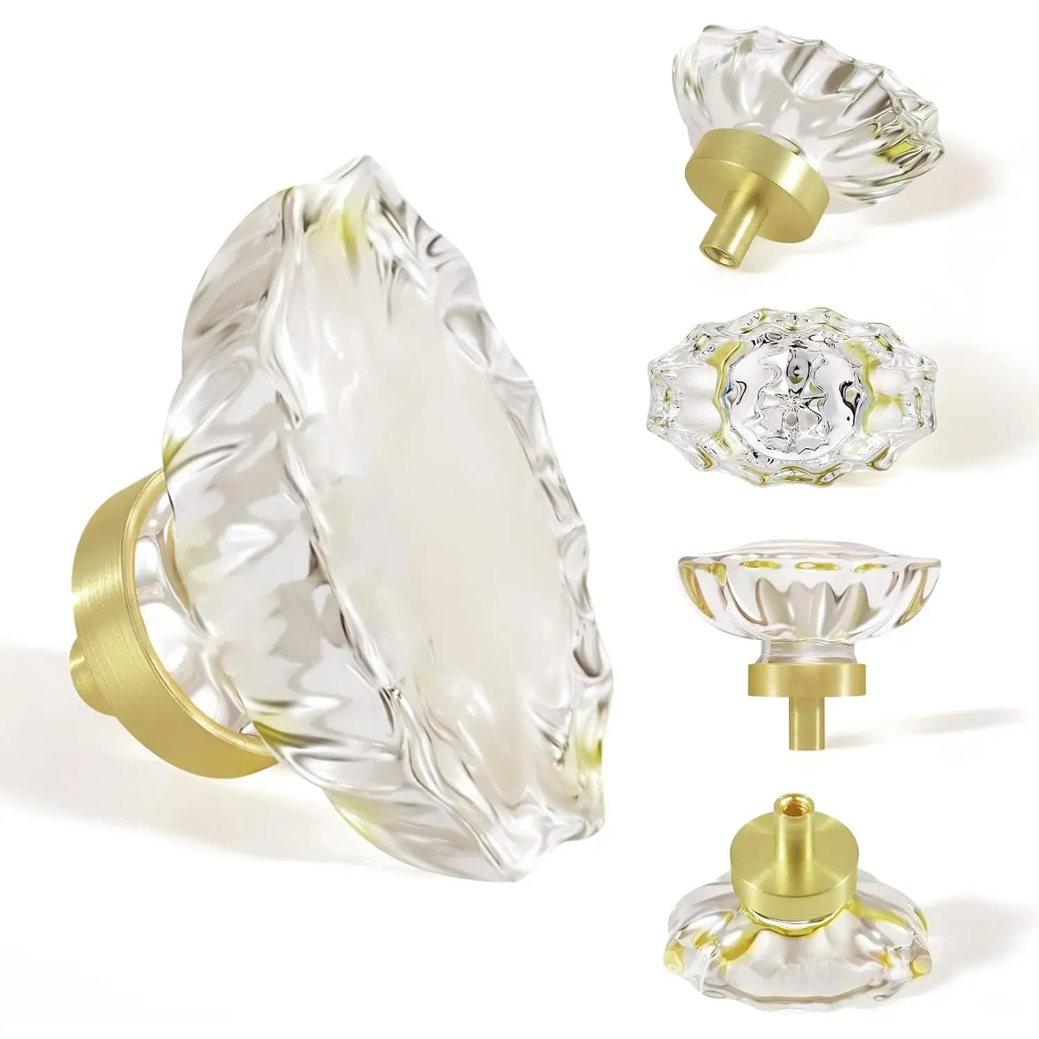 4 Pack Satin Brass Glass Cabinet Knobs,Oval  Drawer Pulls and Knobs |  Cabinet Knobs for Dresser