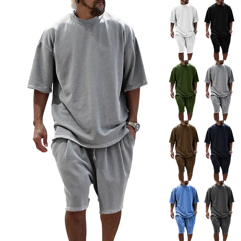 Oversized Solid Color Men's Tracksuit Set, Loose Fit Short Sleeve T Shirt & Drawstring Casual Shorts Outfit