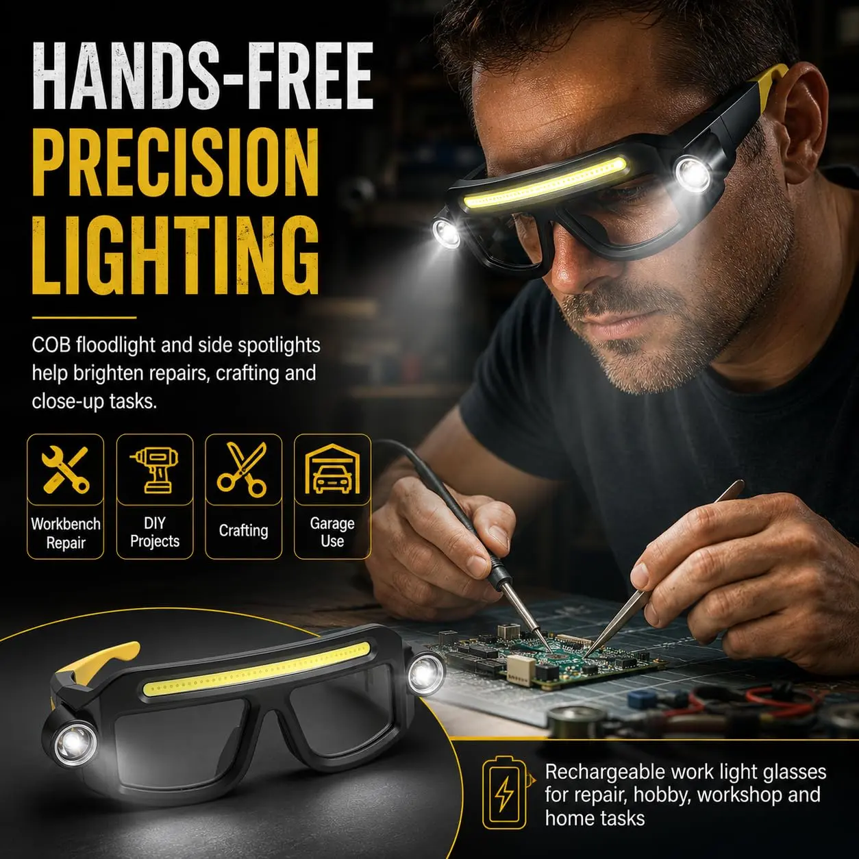 LED Headlight Glasses Rechargeable Headlight Glasses with Rechargeable COB Floodlight & Spotlight LED Light, 5 Modes for Outdoor Night Fishing Cycling Running, Camping (Yellow)