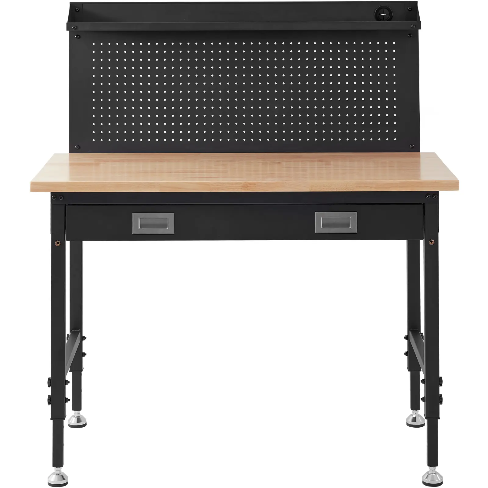 Heavy Duty Height-Adjustable Workbench (28-39.5in) for Garage Users, 48x24in Oak Plank Wood Surface, Carbon Steel Frame, 2000lbs Capacity, 3m Cable, 30 Hooks for Workshop Tasks, Height Adjust