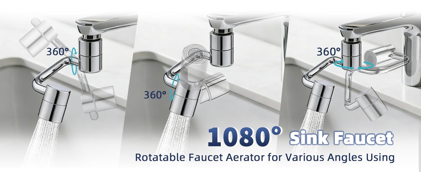 1080° U-Faucet Extender – Rotatable Faucet Aerator with 3 & Washers, Multi-Joint Swivel Aerator with 2 Spray Modes for & Sink, Silver