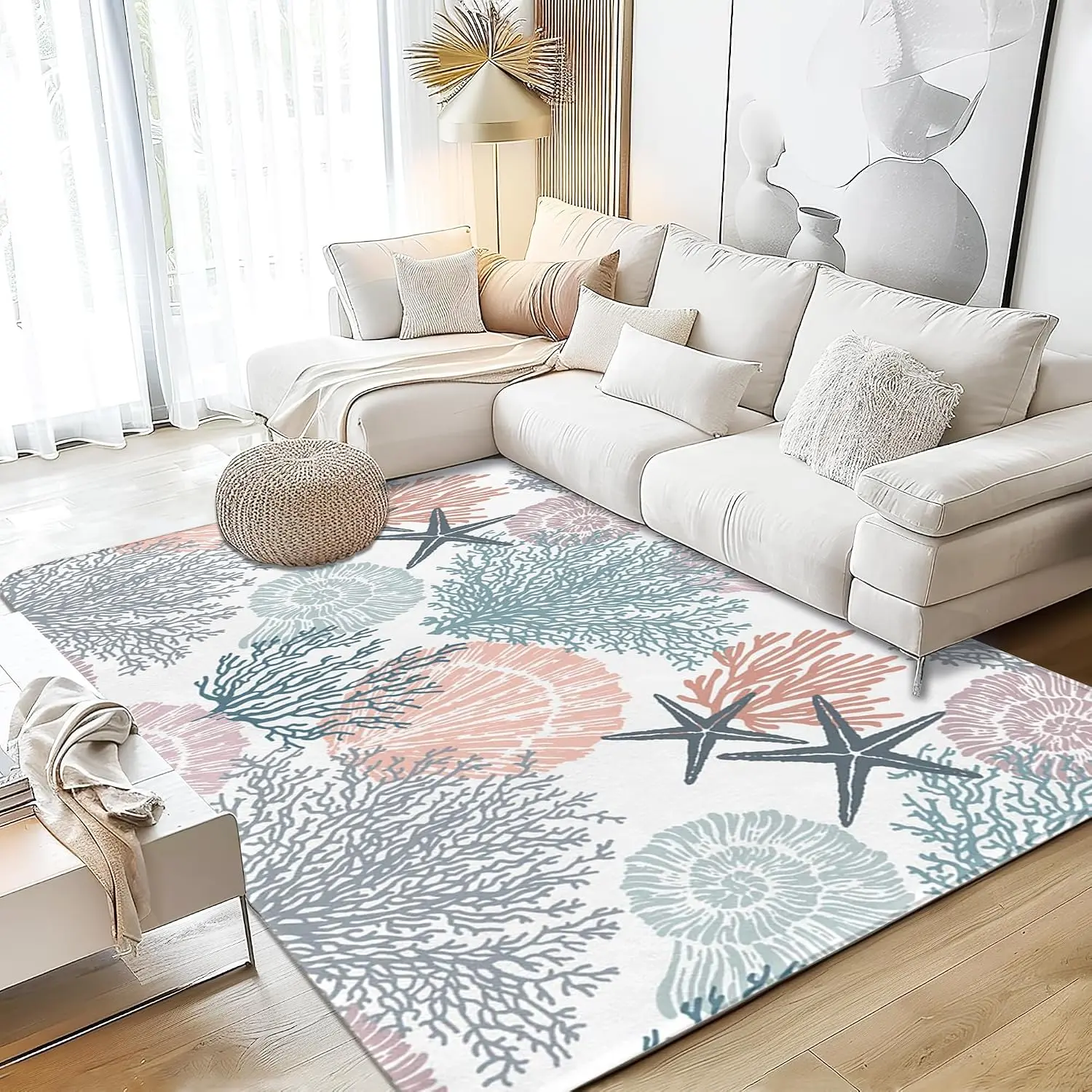 Corals Coastal Rug for Living Room 5x7 Area Rug Washable Non-Slip Rugs for Bedroom Cute Soft   Rug, Nautical Beach Themed Capet for Entryway Office Dining Room