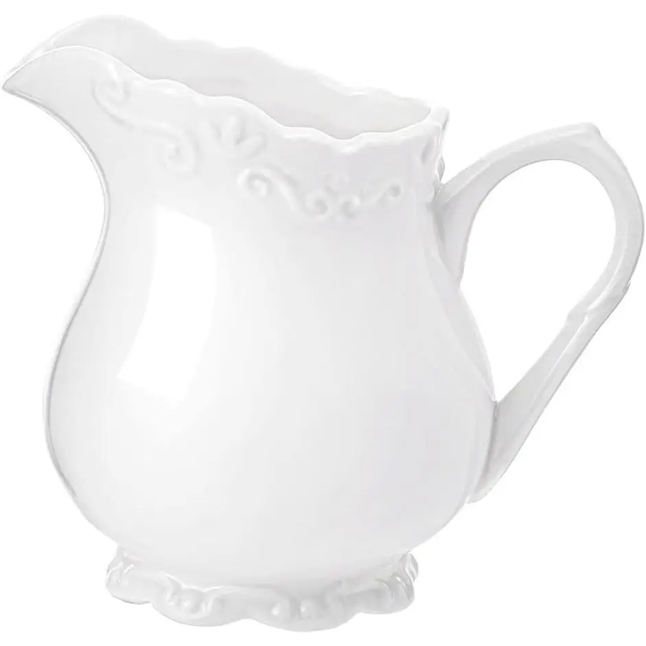 Pure White Porcelain Creamer Pitcher with Handle, 6oz Embossed Ceramic Serving Pitcher for Tea Coffee Milk.