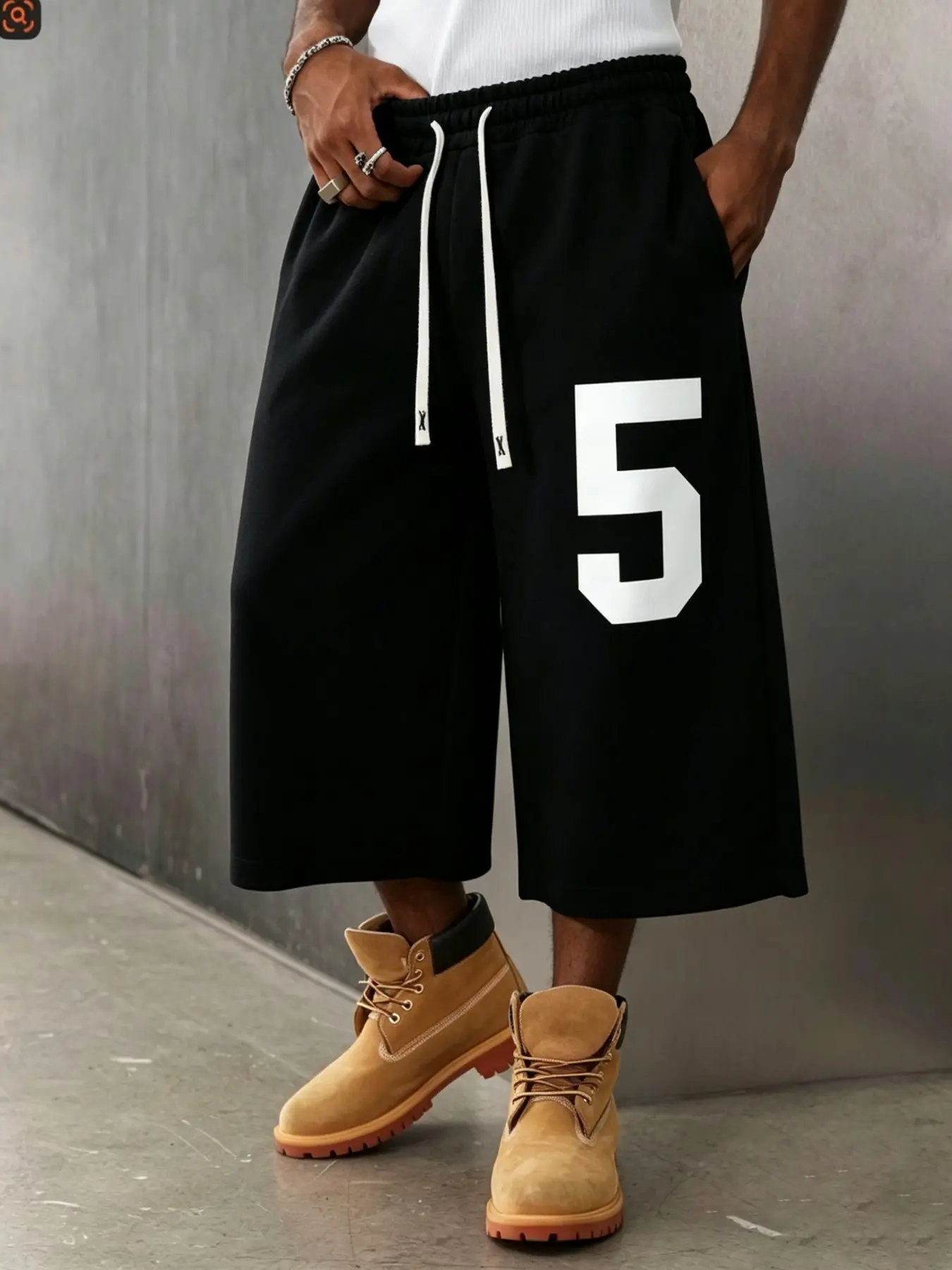 Men's Loose Seven-Quarter Sports Pants, Number 5 Print High-Waisted Drawstring Fleece, Elastic Side Pockets, Lightweight Summer Workout Activewear Pants