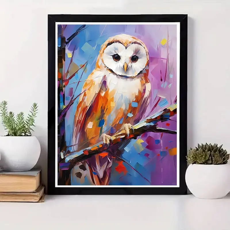A piece of 2D flat frameless hand-made DIY diamond painting kit with oil painting style vibrant colorful owl on branch pattern, suitable for handcraft lovers home living room bedroom wall decoration
