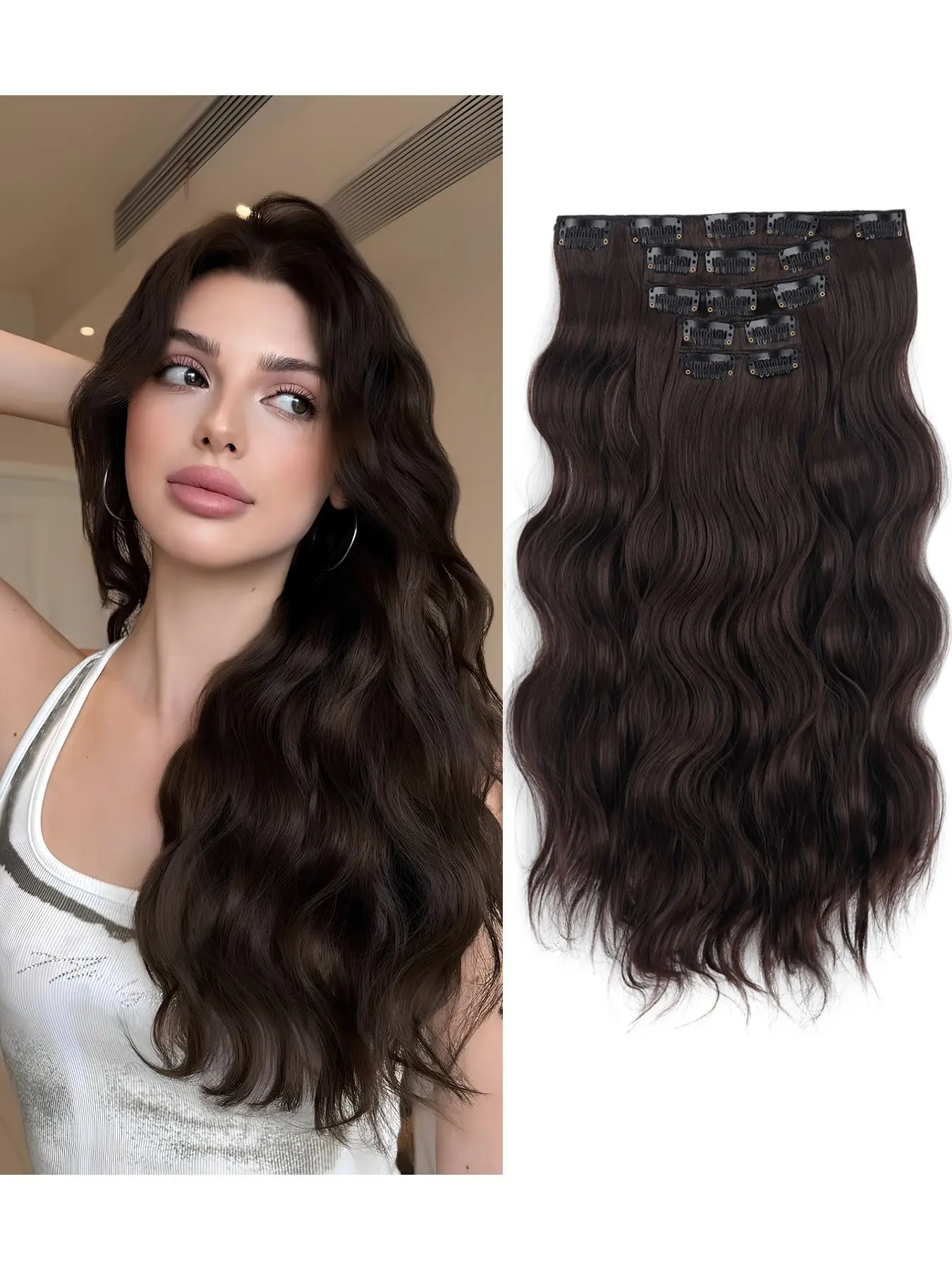 5PCS 15 clip hair extensions, 20 inch wavy women's hair extensions, thick full head clip hair set, soft synthetic fiber, seamless natural blending, lightweight, comfortable, heat-resistant, suitable for daily wear