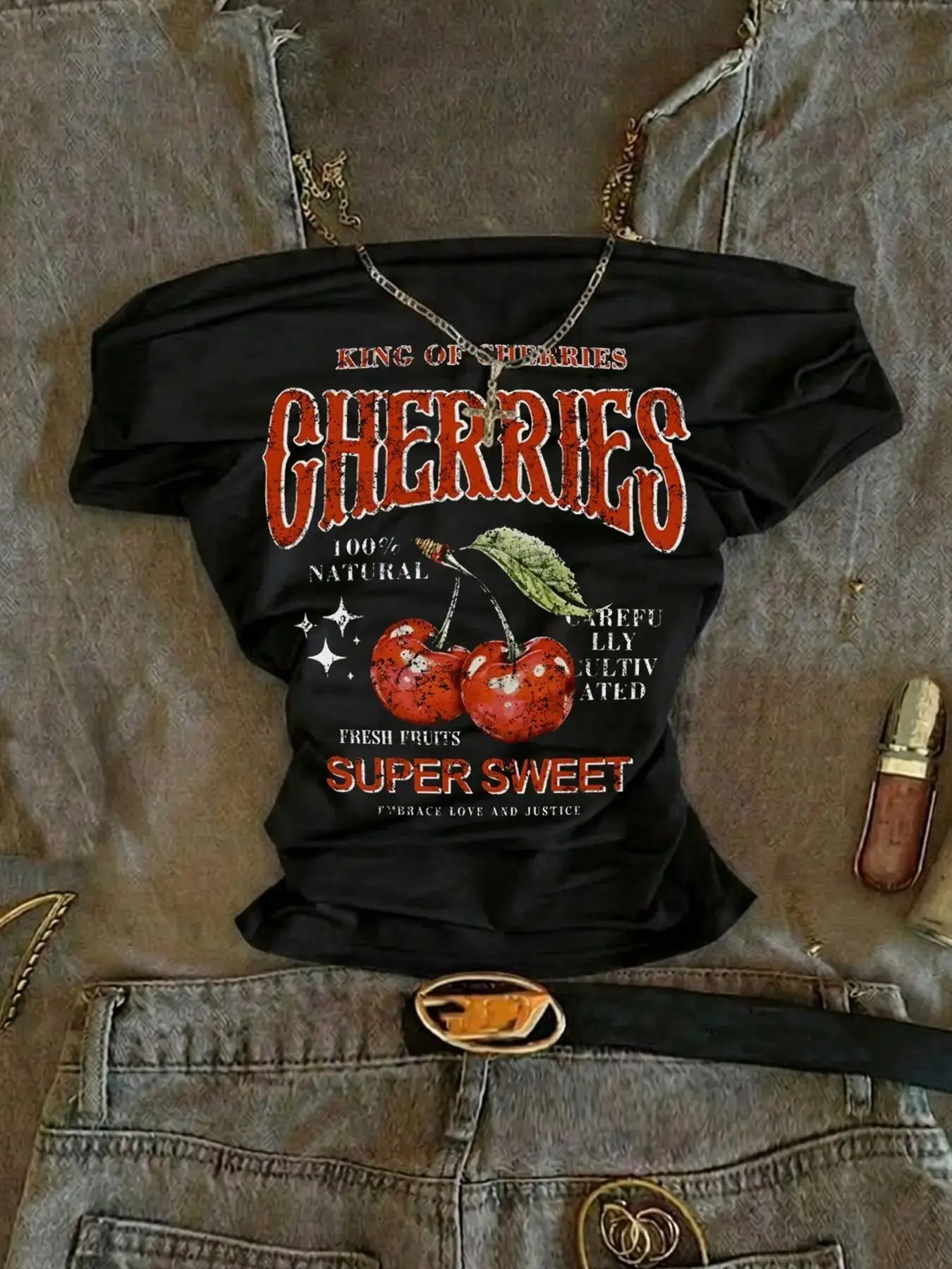 Women’s Cherry Graphic One Shoulder  Tee, Slim Fit Short Sleeve Crop T Shirt with Vintage Letter Print for Y2K High Street, Going Out, Festival and Daily Streetwear