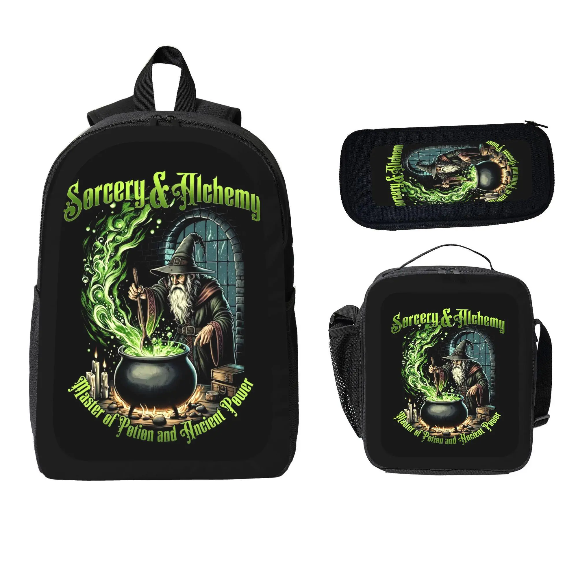 Gothic 3-Piece Dark Magic-Inspired Backpack Set, Black & Fluorescent Green, Wizard Alchemy Sorcery Themed Functional Luggage Bag