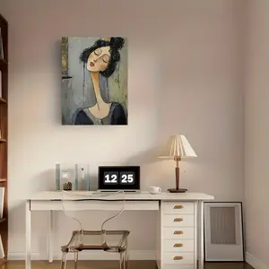 Modigliani Woman Portrait Wall Art - Modigliani-Style Vintage with Earthy Tones & Textured Brushstrokes, Wrapped Canvas Framed in Wood, Ready-to-Hang Bohemian Art Deco Decor Suitable for Home Decor