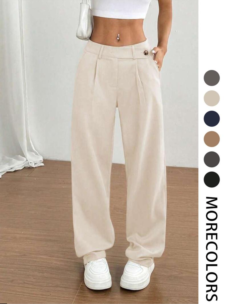 Women's Solid Color Straight Leg Pants, Casual Comfy Pocket Trousers for Daily Wear, Ladies Bottoms for All Seasons, Asymmetrical Waist Design Pants, Casual Chic Trousers