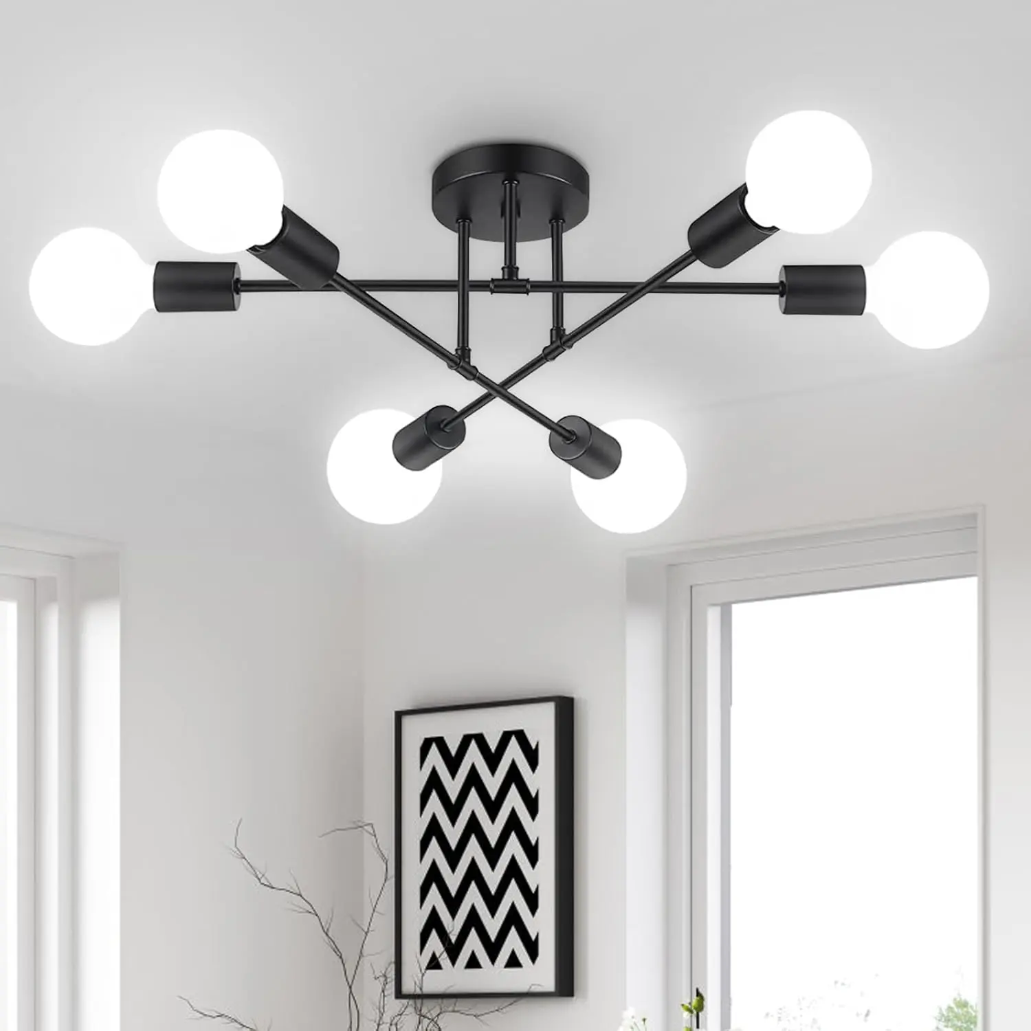 Ceiling Light Fixture, 6-Light Ceiling Light Chandelier, Modern Dinning Room Light Fixture, Sputnik Light Fixtures Ceiling Mount, Semi Flush Mount Light Fixture For Living Room,Bedroom,Hallway,Kitchen