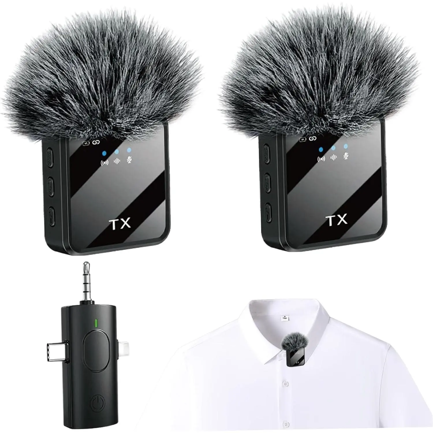 Wireless Microphones, 3 in 1 Lavalier Microphone with Noise Cancellation 3.5 mm Microphone 2 Pack Mini LED Display Mic for Interview, ASMR, Video and Podcasting,Noise Reduction Lapel Mic for Record Interview, Vlogs, YouTube, Tiktok