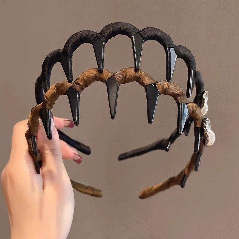 3pcs Pearl and Rhinestone High Crown Wave Headband with Teeth, Non-slip Face Wash Hair Clip, New Style Women's Comb Headband