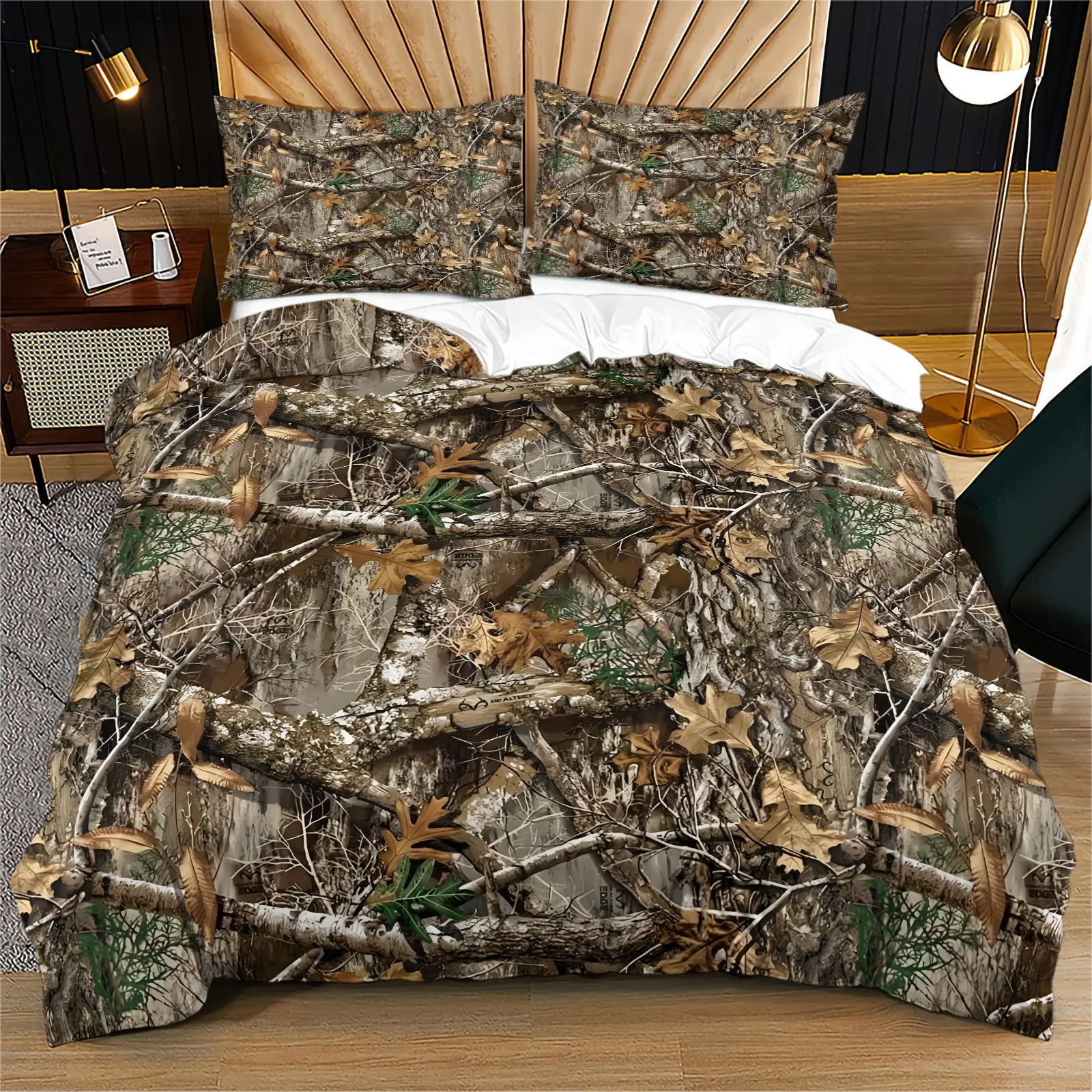 Forest Tree Leaf Camo Duvet Cover Set, Bedding Set, Realistic Hunting Woodland Camouflage Pattern, Soft Breathable Microfiber, Hidden Zipper & Corner Ties, Rustic Bedroom Decor, Includes 2 Pillowcases - without Core