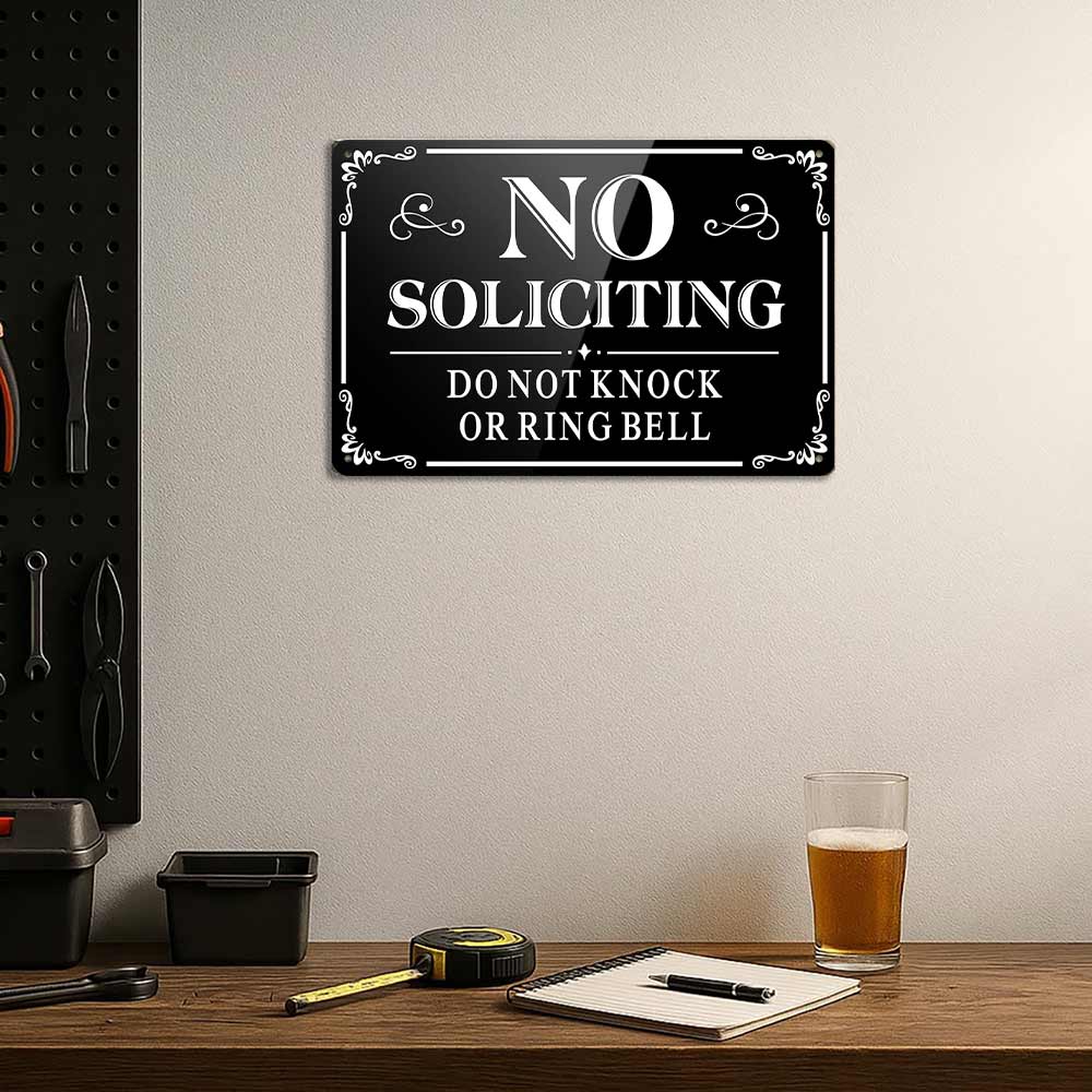 No Soliciting Do Not Knock Or Ring Bell Metal Sign 12x8 In Aluminum, Vintage Front Door Tin Sign, Retro No Soliciting Wall Art for Home, Porch, Entryway, Funny Do Not Knock Plaque, 12x8 Inch Aluminum Sign