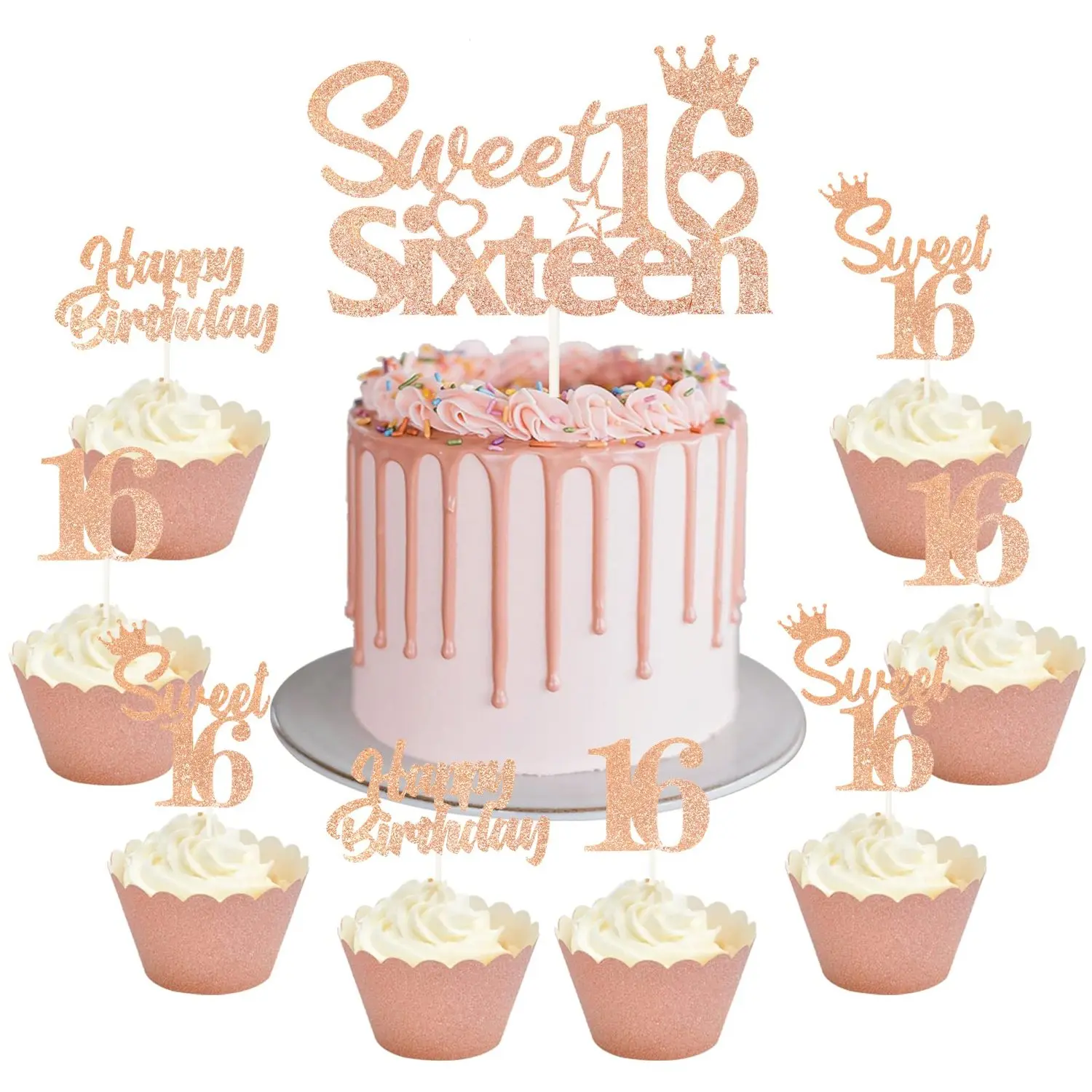 1Set 25 Pack 16th Birthday Cake Decorations Sweet 16 Sixteen Cake Topper Happy Birthday Sweet 16 Cupcake Toppers Rose Gold for Boys Girls Happy 16th Birthday Party Supplies
