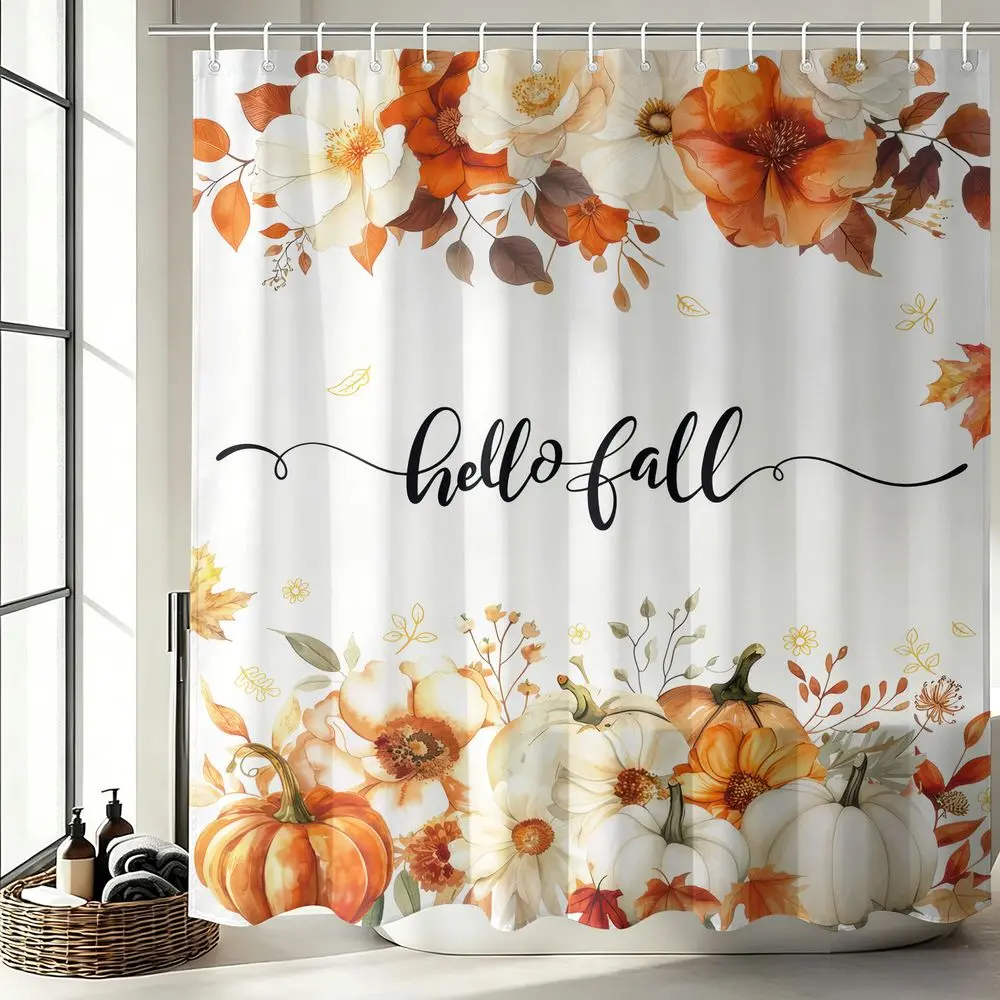 1Pcs Hello Fall Aesthetic Shower Curtain Pumpkin Floral Print, Waterproof Cloth Fabric Bathtub Privacy Curtain, Autumn Thanksgiving Bathroom Decor Set for Home Farmhouse Style with 12 Hooks