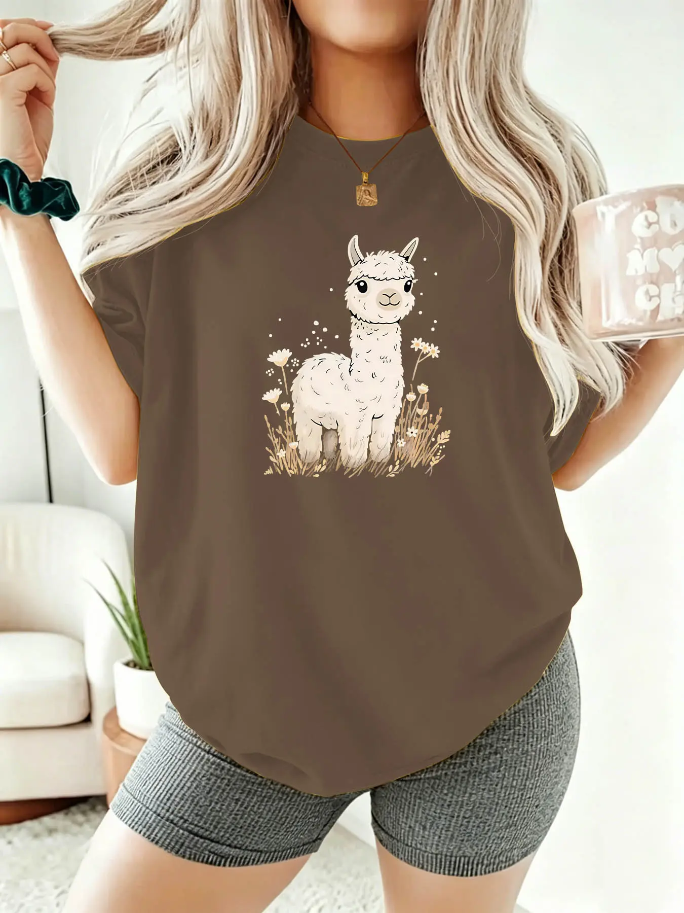 Women's Crew Neck T‑Shirt With Alpaca & Floral Print, Multi‑color Available, Machine Washable Spring Summer Top, Soft Skin‑Friendly Fabric, Daily Versatile Fashion Design Casual Wear Tee