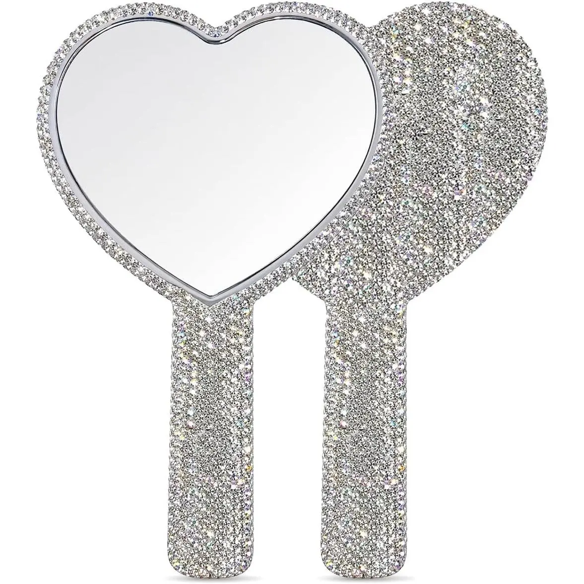 Hand Held Mirror, Rhinestone Heart Shaped Handheld Mirror with Handle, Cute Portable Makeup Lash Mirror for Purse, Travel, Wedding Party,  White
