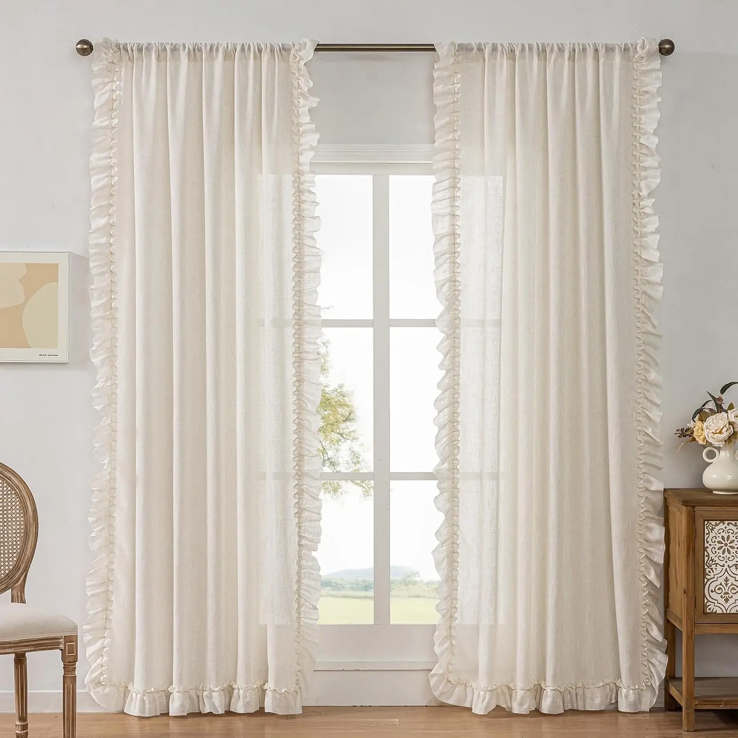 Farmhouse Curtains 84 Inches Long 2 Panels Natural Textured Ruffle Curtains for Bedroom Living Room, Rod Privacy Flowy Drapes Semi-Sheer Cottage Scalloped Edge Set, W47xL84 Inch