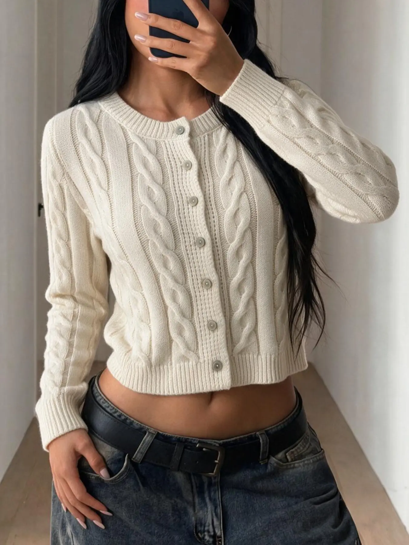 Women Vintage Slim Cropped Knit Cardigan, Off White Cable Twist Texture Crew Neck Button Front Long Sleeve Soft Daily Layering Sweater Coat