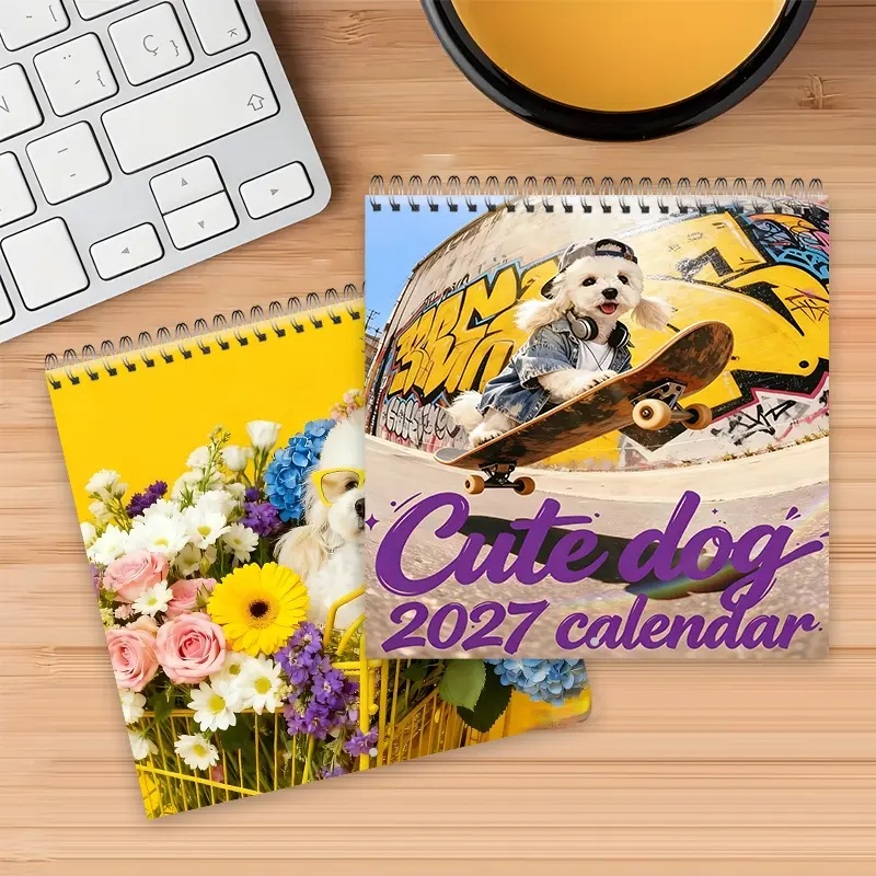 2027 Bichon Frise Trendy Cute Puppy Calendar (8.27in x 8.27in) 12-Month Spiral Wall Calendar, made with thick paper, perfect for home and office decor, monthly layout design, cover in illustration style, cute and delicate patterns, playful and humorous de