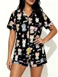 Adorable Cartoon Animal Pajama Set, Soft Breathable Fabric, Short Sleeve Top & Elastic Waist Shorts, Cute Home Wear, Loungewear, Perfect Gift for Teens