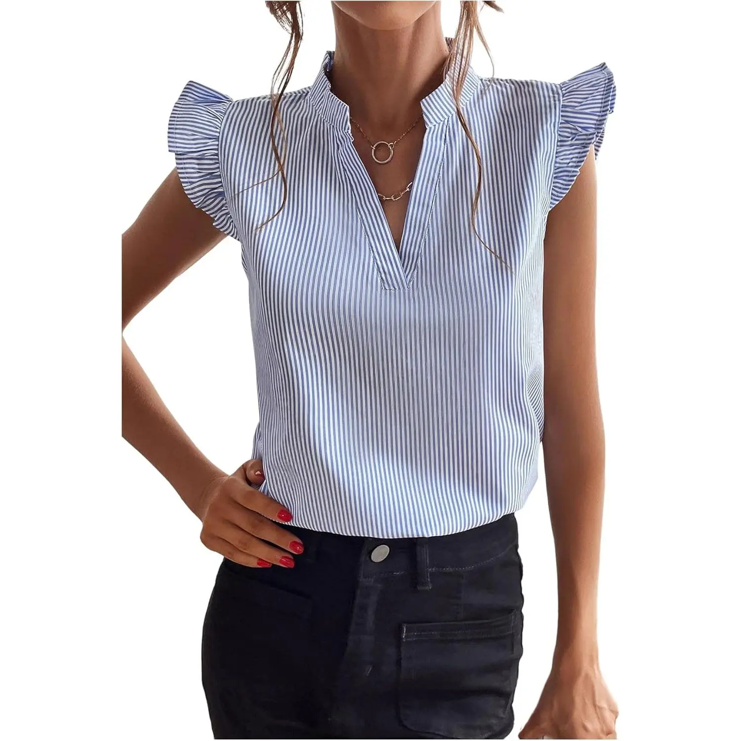 Women's Elegant Striped Blouse Shirt - V-Neck Ruffle Cap Sleeve Top for Business Work, Summer Everyday Wear, Ruffle Sleeve