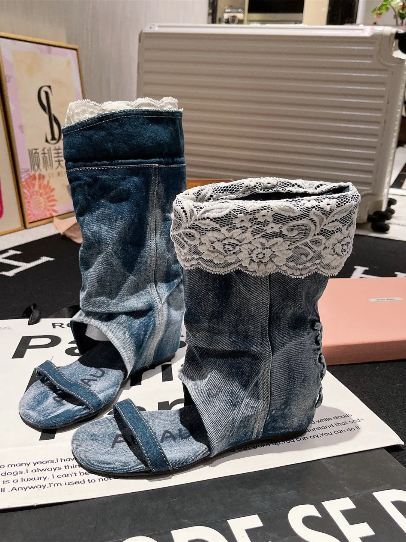 Women's Slimming Versatile Sandals, Denim Hollow Out Toe Mid-Calf Boots, Sweet Cool Style, Lace Trim, Split Cuff, Summer Streetwear