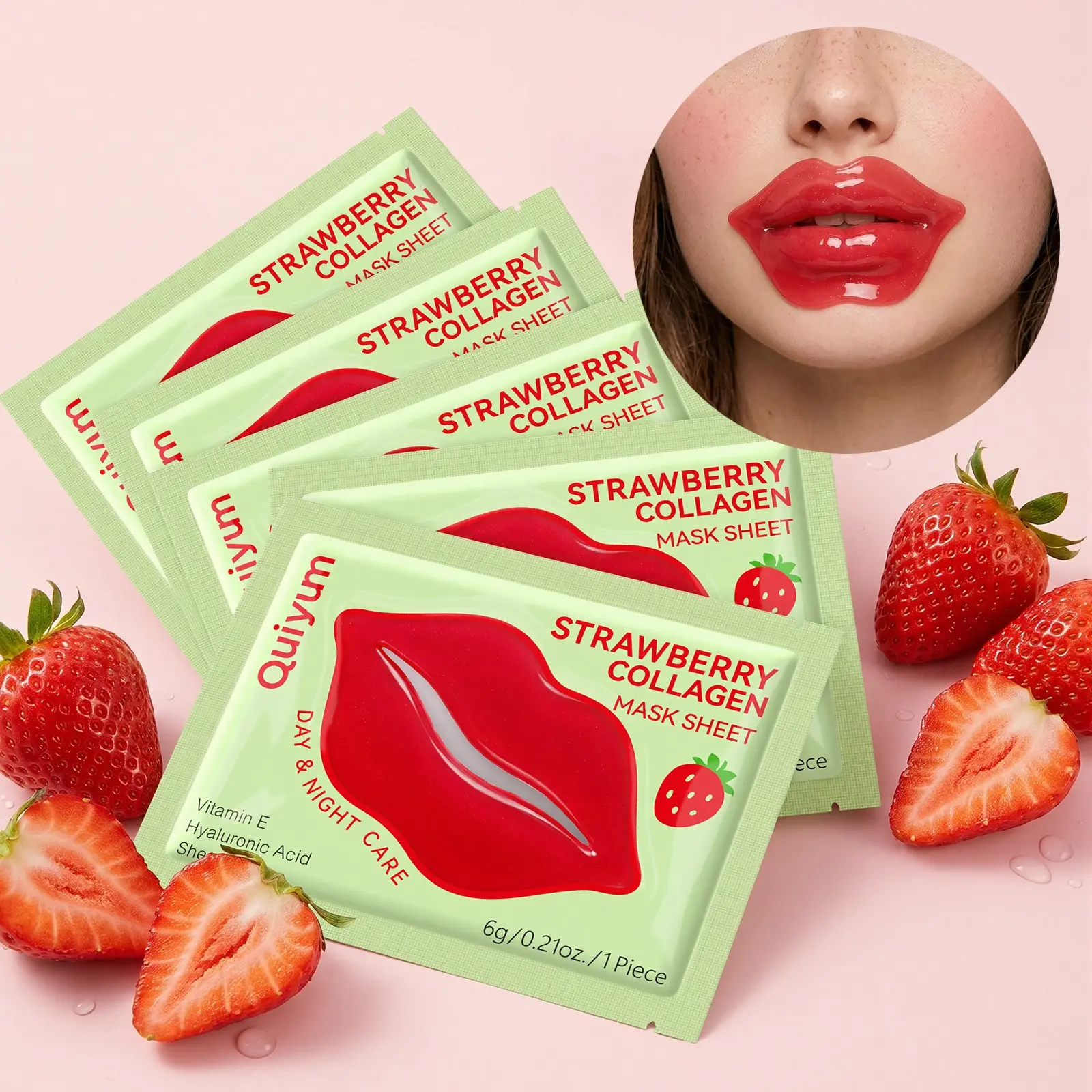 Strawberry Lip Mask Sheet for Soft, Glossy Lips  Day & Night Lip Care Prep Before Makeup with Collagen & Shea Butter, Hygienic Single-Use Hydrating Lip Care for Smooth, Soft & Plump-Looking Lips Lip Mask Overnight