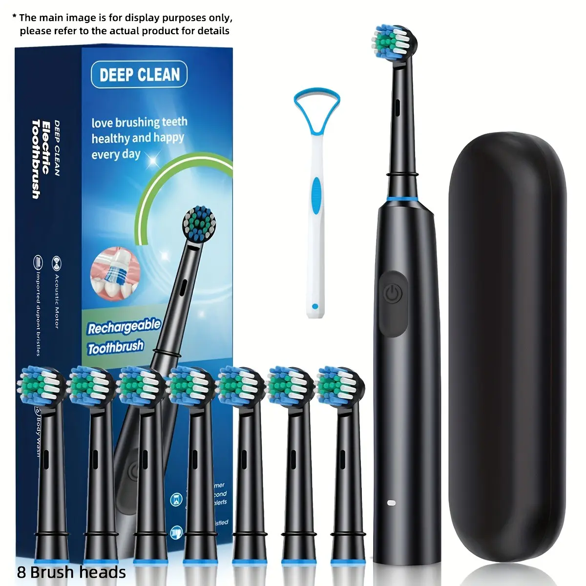 Single Piece Electric Rotary Toothbrush for Adults, Smart Timer, USB Charging, Long Battery Life, Includes 8 Brush Heads and Tongue Scraper